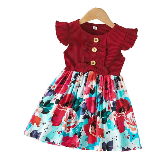 FLMEI Toddler Baby Girls Dresses Outfits Ruffle Sleeve Summer Dress Kids Cute Floral Sundresses for 12 Months - 8 Years