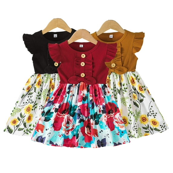 FLMEI Toddler Baby Girls Dresses Outfits Ruffle Sleeve Summer Dress Kids Cute Floral Sundresses for 12 Months - 8 Years