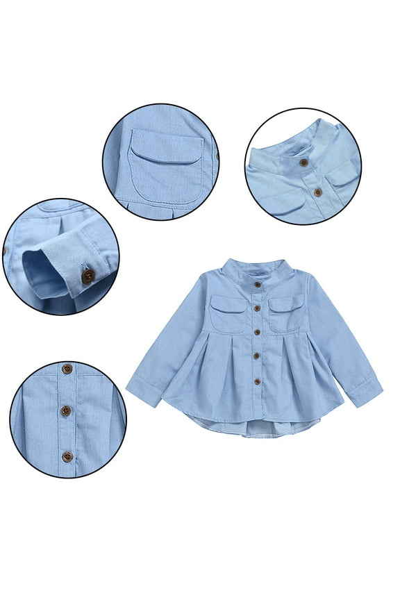 Toddler Girls Button Long Sleeve Shirt Solid Colour Denim Shirt Tops Clothing 5-12 Years Kids Spring Autumn Fashion Dress Shirt