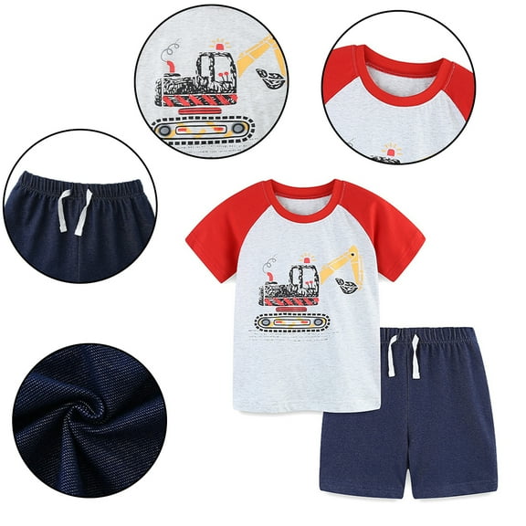 FLMEI Toddler Kids Boys Short Sleeve 2PCS Outfit Summer Cartoon Print Pullover T-Shirts Tops Comfy Shorts Casual Set for Baby Size 2-8T
