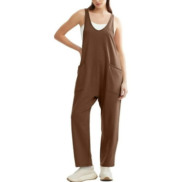 FLMEI Women Casual Overalls Sleeveless Loose Jumpsuits Cotton Summer One-Piece Pants Women's Tank Bodysuit with Pockets S-XXL