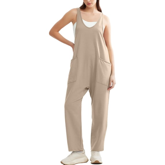 FLMEI Women Casual Overalls Sleeveless Loose Jumpsuits Cotton Summer One-Piece Pants Women's Tank Bodysuit with Pockets S-XXL