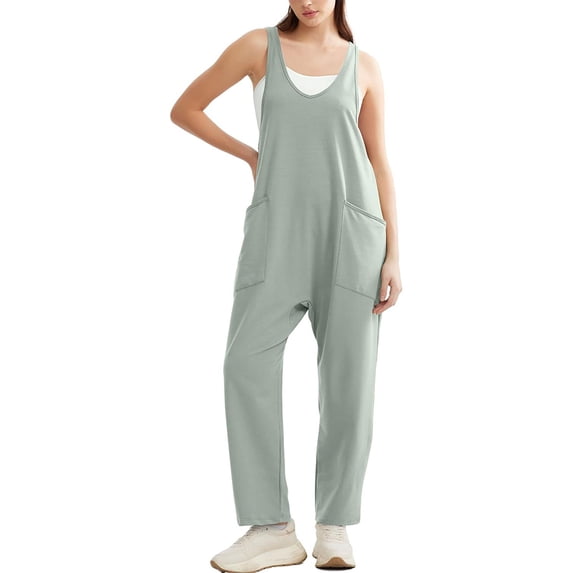 FLMEI Women Casual Overalls Sleeveless Loose Jumpsuits Cotton Summer One-Piece Pants Women's Tank Bodysuit with Pockets S-XXL