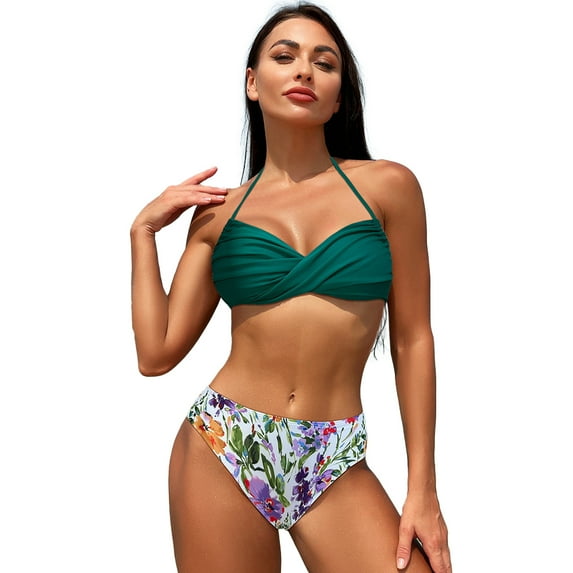 FLMEI Women Color Block Swimsuit 2 Piece High Waisted Bikini Swimwear Set Removable Padding Bathing Suit for Womens S-XXL