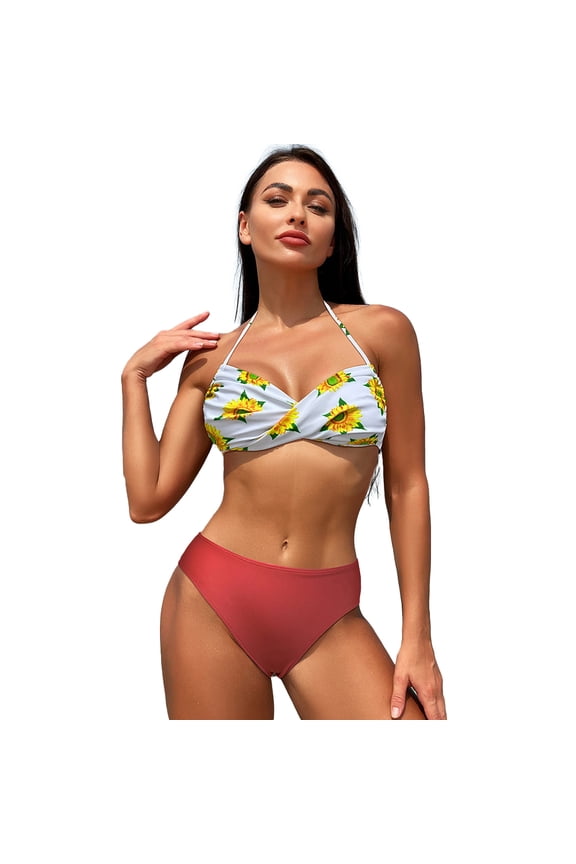 Women Color Block Swimsuit 2 Piece High Waisted Bikini Swimwear Set Removable Padding Bathing Suit for Womens S-XXL