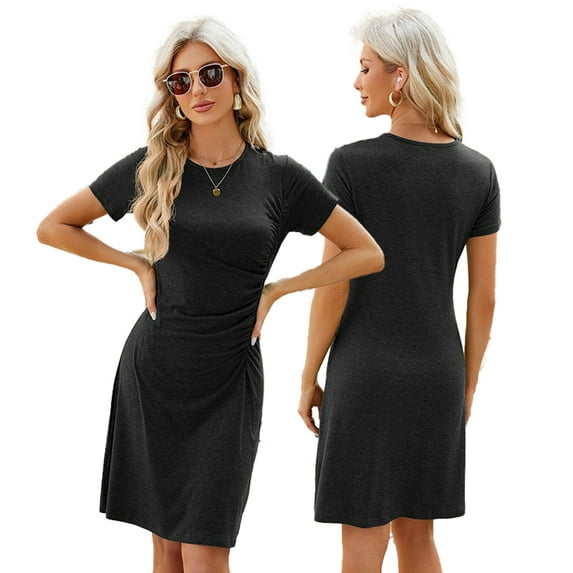 FLMEI Women Dresses Short Sleeve Dress Mini Dress Drawstring Cotton Solid Color long Dress,Sizes S-XXL