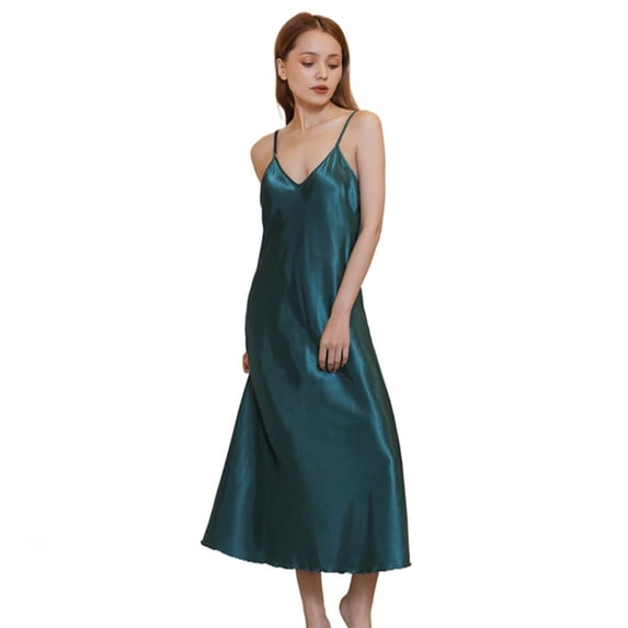FLMEI Women Satin Nightgown Silk Halter V Neck Sleepwear Summer Long Slim Pajamas Dress for Women Sleeveless Nightwear S-XXL