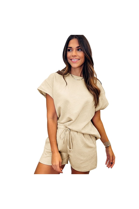 Women Short 2 Piece Outfits Summer Plaid Short Sleeve Crewneck T-Shirt and Drawstring Shorts Solid Colour Textured Set S-XL