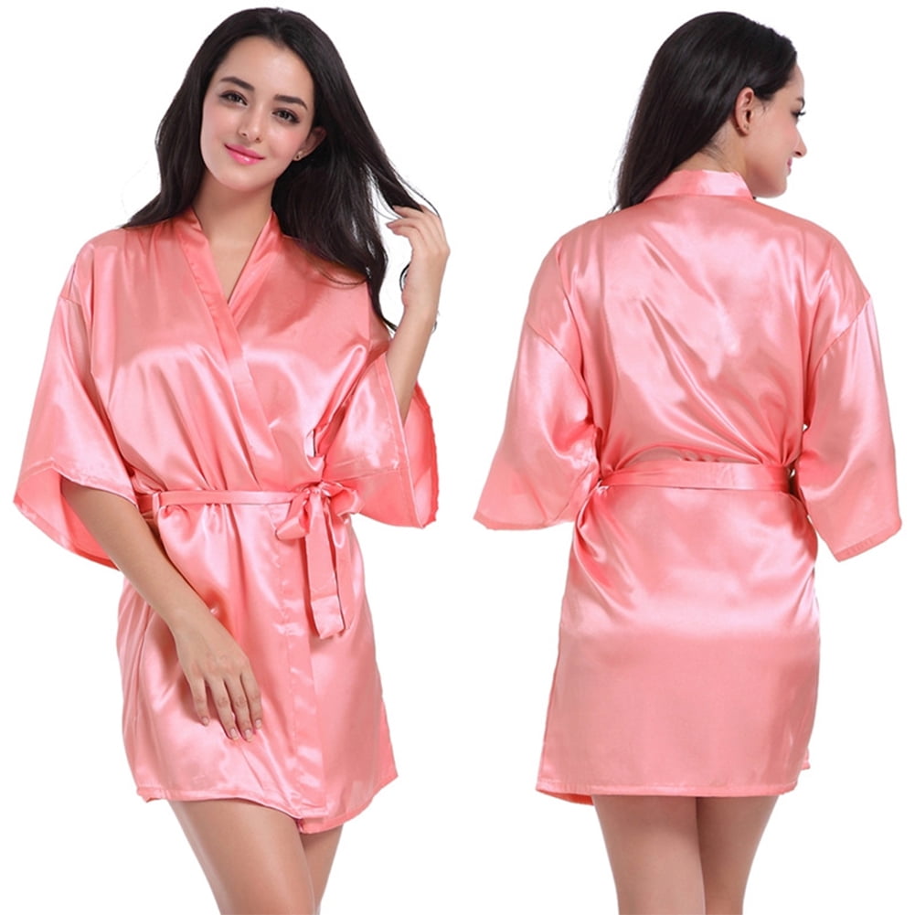 FLMEI Women Silk Robes Silky Satin Night-Robe Solid Color Bathrobe ...