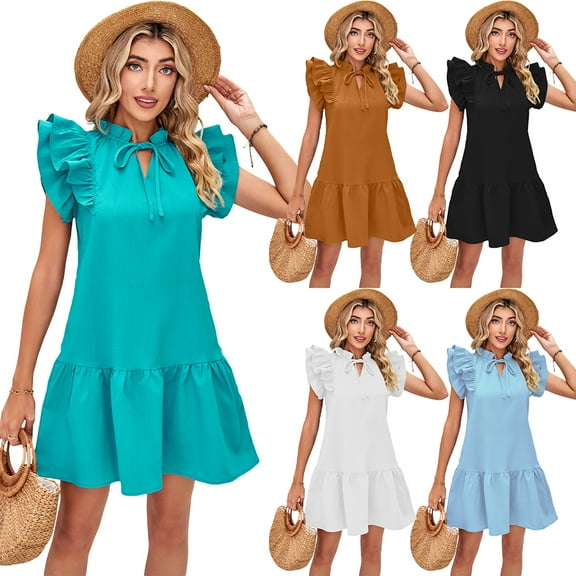 FLMEI Women Summer Dress Puff Sleeve Pleated Princess Dresses Solid Colour Swing Sundresses Casual Dress S-XXL