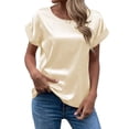 thumbnail image 1 of FLMEI Women T-Shirts Short Sleeve Tees Shoulder Round Neck Tops Silk Tees Casual Summer Solid Color T Shirt S-2XL, 1 of 8
