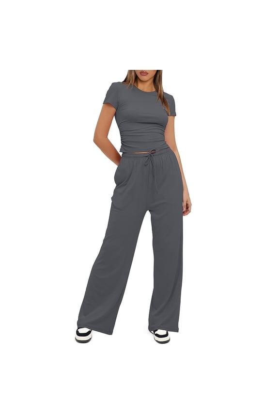 Women's 2-Piece Casual Suit Pleated Short Sleeve Top +High Waist Wide Leg Trousers Sportswear S-XXXL