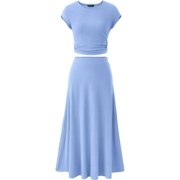 FLMEI Women's 2 Piece Sets Summer Outfits Dressy Casual Knit Short Sleeve Top High Waist Long Skirt Set S-XL