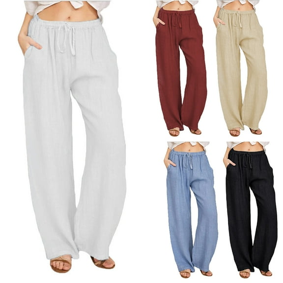FLMEI Women's Cotton Linen Pants Drawstring High Waisted Casual Pants Summer Loose Fit Wide Leg Trousers for Womens S-XXXL