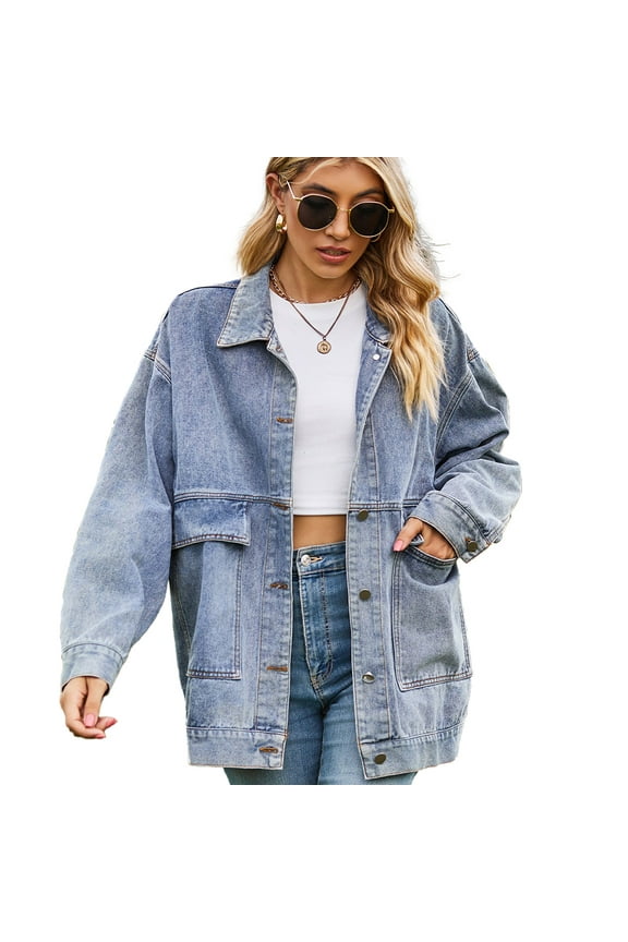 Women's Denim Jacket Spring Fall Cardigan Jean Jacket Coat Long Sleeves Casual Cowboy Outwear for Womens S-XXL