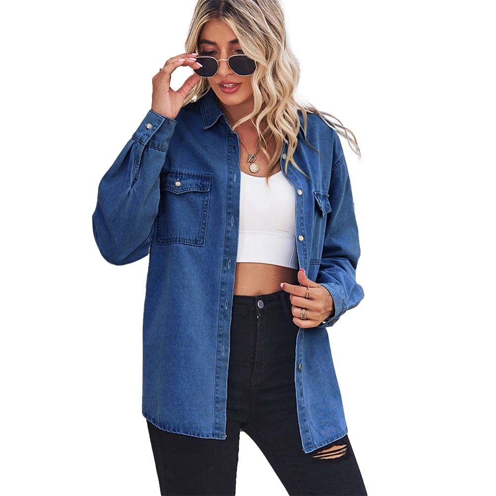 Women's Cap Sleeve Loose Fit Denim Shirt With Front Pockets