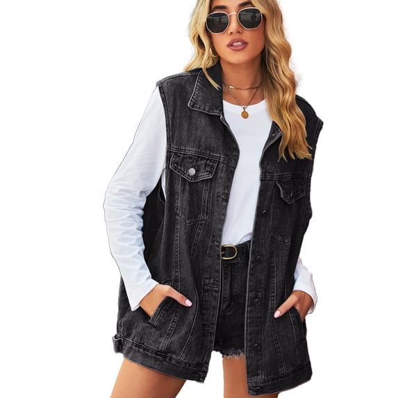 FLMEI Women's Denim Vest Breathable Sleeveless Jackets Summer Jeans Vest Womens Lapel Washed Cowboy Waistcoat Tops XS-XL