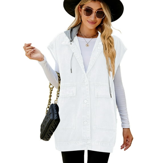 FLMEI Women's Hooded Denim Vest Breathable Sleeveless Jackets Summer Jeans Vest Womens Hoodie Washed Cowboy Waistcoat Tops XS-XL