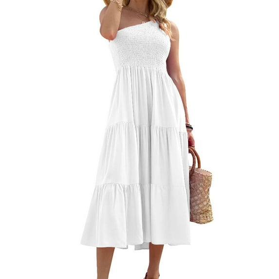FLMEI Women's Long Dress Summer Dresses One Shoulder Sleeveless Solid Color Beach Party Tiered Midi Dress S-XL
