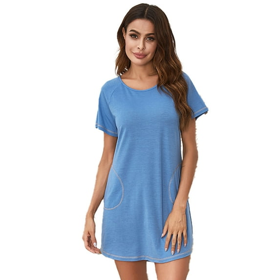 FLMEI Women's Nightgowns Crewneck Pajamas Solid Color Sleepwear Womens Short Sleeve Summer Sleep Dress with Pockets Loungewear S-XXL