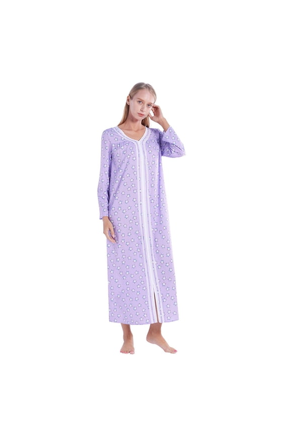 Women's Nightgowns V-Neck Sleepwear for Fall Winter Woven Print Pajama Dress Long-Sleeved Nightdress for Womens S-XXL