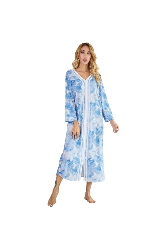 Women's Nightgowns V-Neck Sleepwear for Fall Winter Woven Print Pajama Dress Long-Sleeved Nightdress for Womens S-XXL