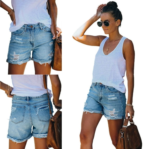 FLMEI Women's Ripped Jeans Pants Summer Straight Leg Trousers Women Cotton with Pockets Denim Pants S-XXL