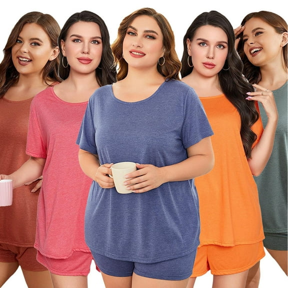 FLMEI Women’s Short Sleeve Pajama Sets Plus Size Top with Shorts Soft Cute Lounge & Sleepwear L-5XL