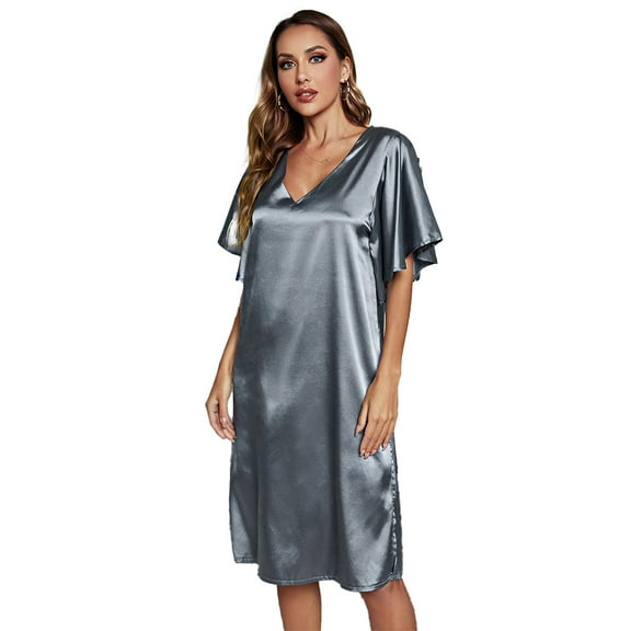 FLMEI Women's Short Sleeve Silk Nightgown Summer Lightweight Sleepwear Dress Womens Solid Color Stain Pajamas Summer V-Neck Jammies S-XL
