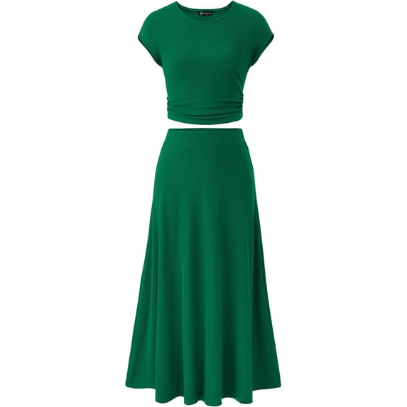 FLMEI Women's Summer 2 Piece Outfits Knit Short Sleeve Tops and High Waist Midi Skirt Solid Color Set for Womens S-XL