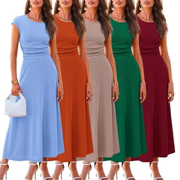 FLMEI Women's Summer 2 Piece Outfits Knit Short Sleeve Tops and High Waist Midi Skirt Solid Color Set for Womens S-XL
