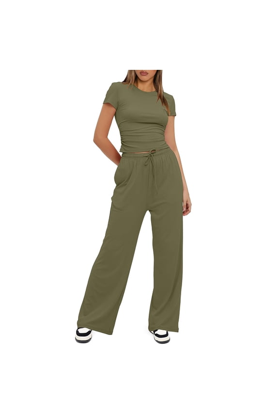 Women's Tracksuit 2 Piece Outfits Womens Ruched Short Sleeve T-Shirt Tops and High Waisted Wide Leg Pants Summer Casual Sets
