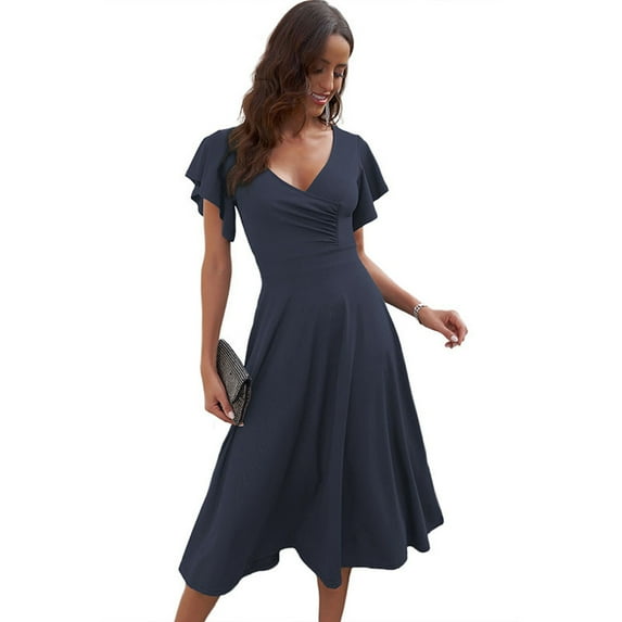 FLMEI Women's V-Neck Dress Ruffle Sleeve Summer Long Dresses for Womens Solid Colour High Waist Sundress