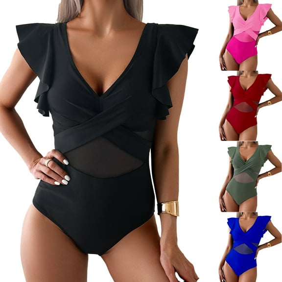 FLMEI Women's V-Neck Swimsuits One Piece Bathing Suit Womens Strappy Halter High Waisted Swimsuit Bikini Set S-XL