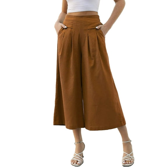 FLMEI Women's Wide Leg Skirt Pants with Pockets Elastic Waist Yoga Workout Trousers Nine Wide Leg Palazzo for Womens S-XXL
