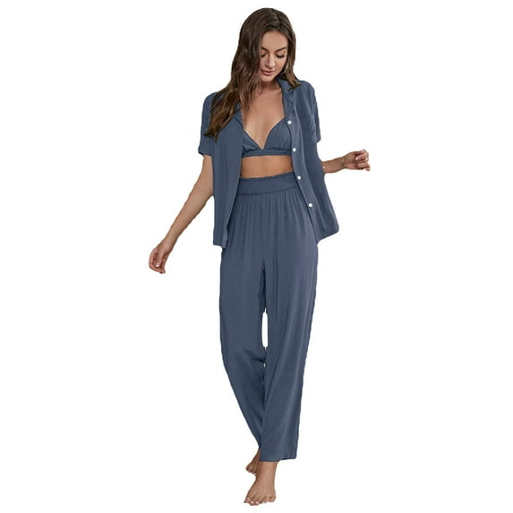 FLMEI Womens 3 Piece Pajama Sets Pjs Lounge Set Top + Long Pants Soft Sleepwear Nightwear Pants with Robe Cardigan