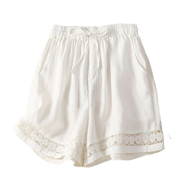 FLMEI Womens Cotton Linen Shorts Drawstring Elastic Waist Hollow Lace Shorts Women's Summer Comfy Wide Leg Shorts Pants M-3XL