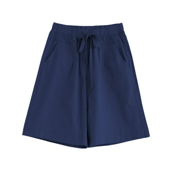 FLMEI Womens Cotton Shorts Drawstring Casual Shorts Summer Wide Leg Shorts with Pockets for Women's M-8XL