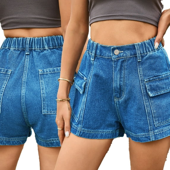FLMEI Womens Denim Shorts Casual Cargo Short Pants Summer Elastic Waist Jeans Shorts with Pockets for Women's S-XXL