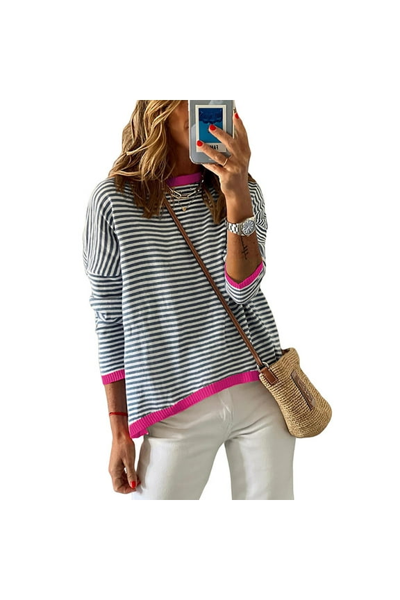 Womens Long Sleeve Knit Tops Casual Sweaters Women's Crewneck Striped Pullover Shirts Spring Fall Loose Versatile Knitted Shirts XS-XXL