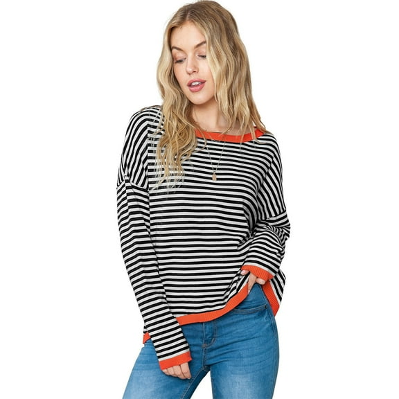 FLMEI Womens Long Sleeve Knit Tops Casual Sweaters Women's Crewneck Striped Pullover Shirts Spring Fall Loose Versatile Knitted Shirts XS-XXL