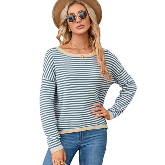 FLMEI Womens Long Sleeve Knit Tops Casual Sweaters Women's Crewneck Striped Pullover Shirts Spring Fall Loose Versatile Knitted Shirts XS-XXL