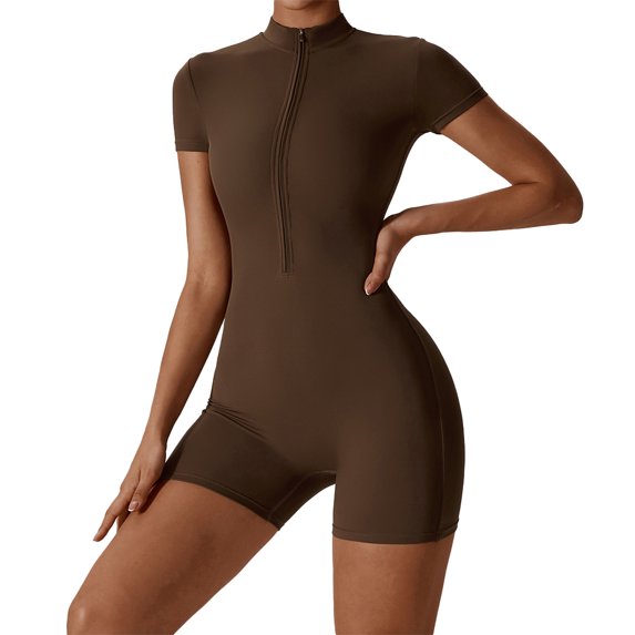 FLMEI Womens Onesies Zip up Yoga Bodysuit Jumpsuit Short Sleeve Dance Rompers Summer Skinny Body Shapewear for Women S- XL