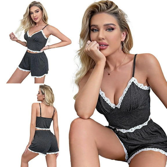 FLMEI Womens Pajama Sets Soft Cami Sleepwear 2 Piece Summer Halter Tops and Shorts Set V Neck Pjs Lace Nightwear Jammies Outfit S-XL