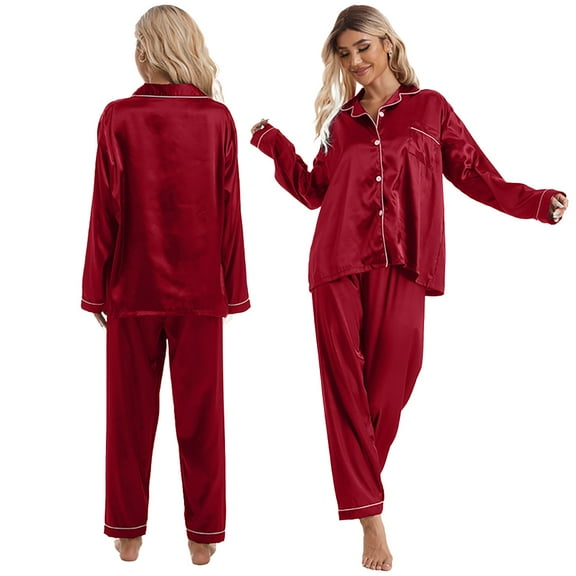 FLMEI Womens Silk Satin Pajamas Set Two-piece Pj Sets Sleepwear Loungewear Long Sleeve long Pants Button-Down Pj Sets S-XL