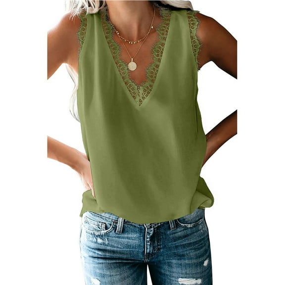 FLMEI Womens Sleeveless Tank Tops Summer Solid Color Chiffon Shirts Lace Loose Blouses V-Neck T-Shirts for Women's S-XXL
