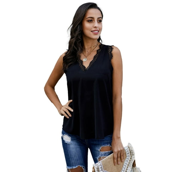 FLMEI Womens Sleeveless Tank Tops Summer Solid Color Chiffon Shirts Lace Loose Blouses V-Neck T-Shirts for Women's S-XXL