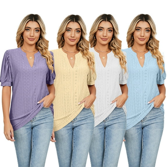 FLMEI Womens Summer T Shirts Tops Knit Neck Crewneck Womens Short Sleeve Casual Solid Color Tees,S-2XL