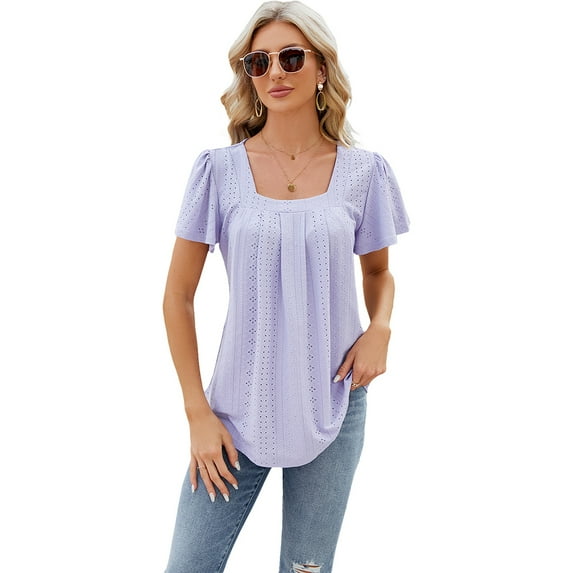 FLMEI Womens Summer Tees Tops Casual Square Neck Short Sleeve T Shirts Women Pleated Loose Tees Shirts S-XXL