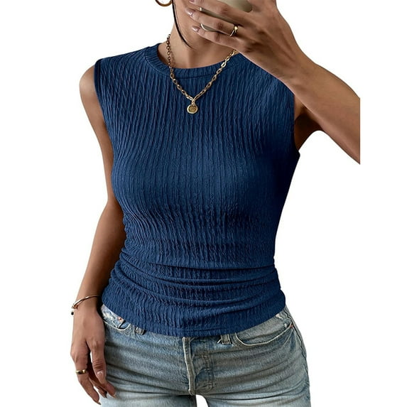 FLMEI Womens Tank T Shirts Crew Neck Sleeveless Tops for Women’s Summer Solid Color Casual Tees Loose Fit Tee Shirts L-XXL
